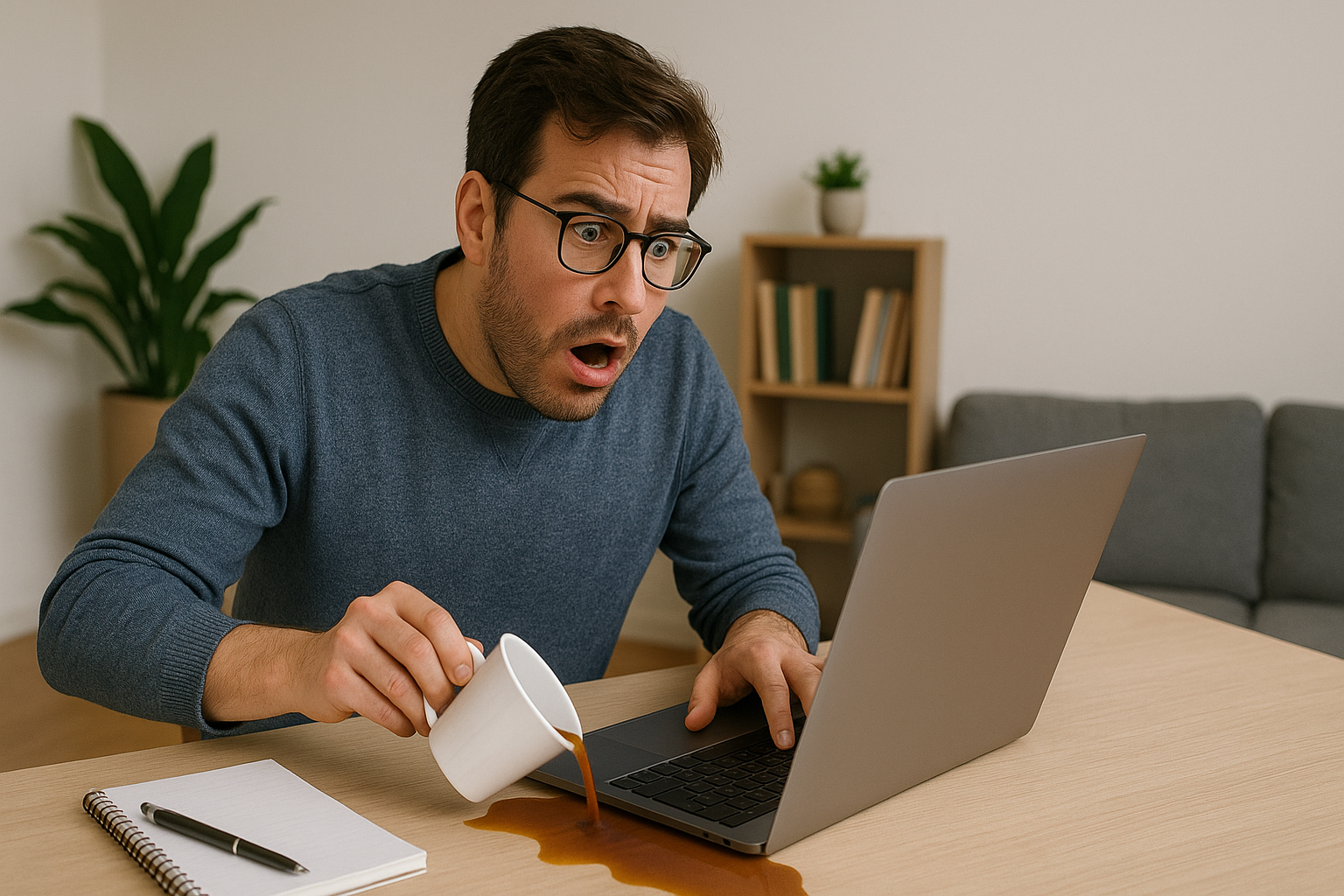 Freelancer kijkt naar laptop terwijl er een koffiekopje omvalt. symbool voor onverwachte schade