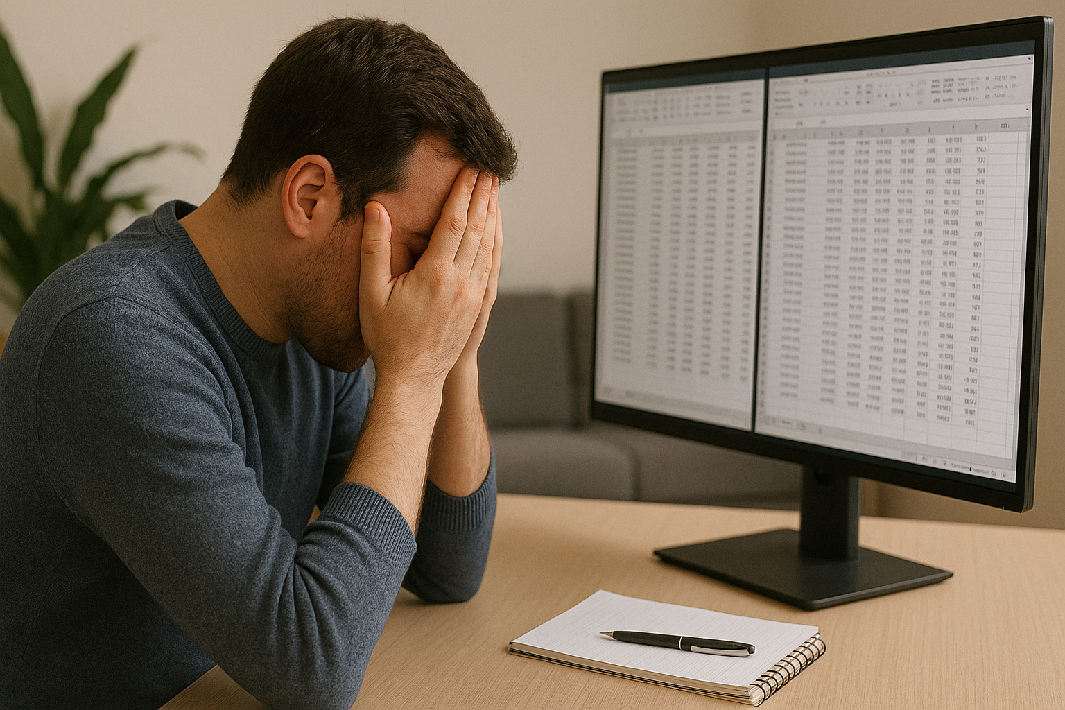Freelancer met hoofd in handen bij scherm vol spreadsheets. symbool voor denkfout met financi&euml;le impact